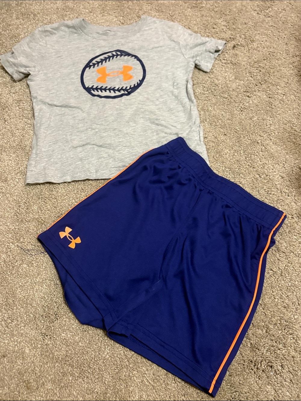 Under Armour Gray Tee with Orange Logo & Royal Blue Athletic Shorts